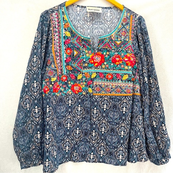Savanna Jane Floral Embroidered Peasant Top Women’s Large Bohemian Fairycore - Picture 1 of 7